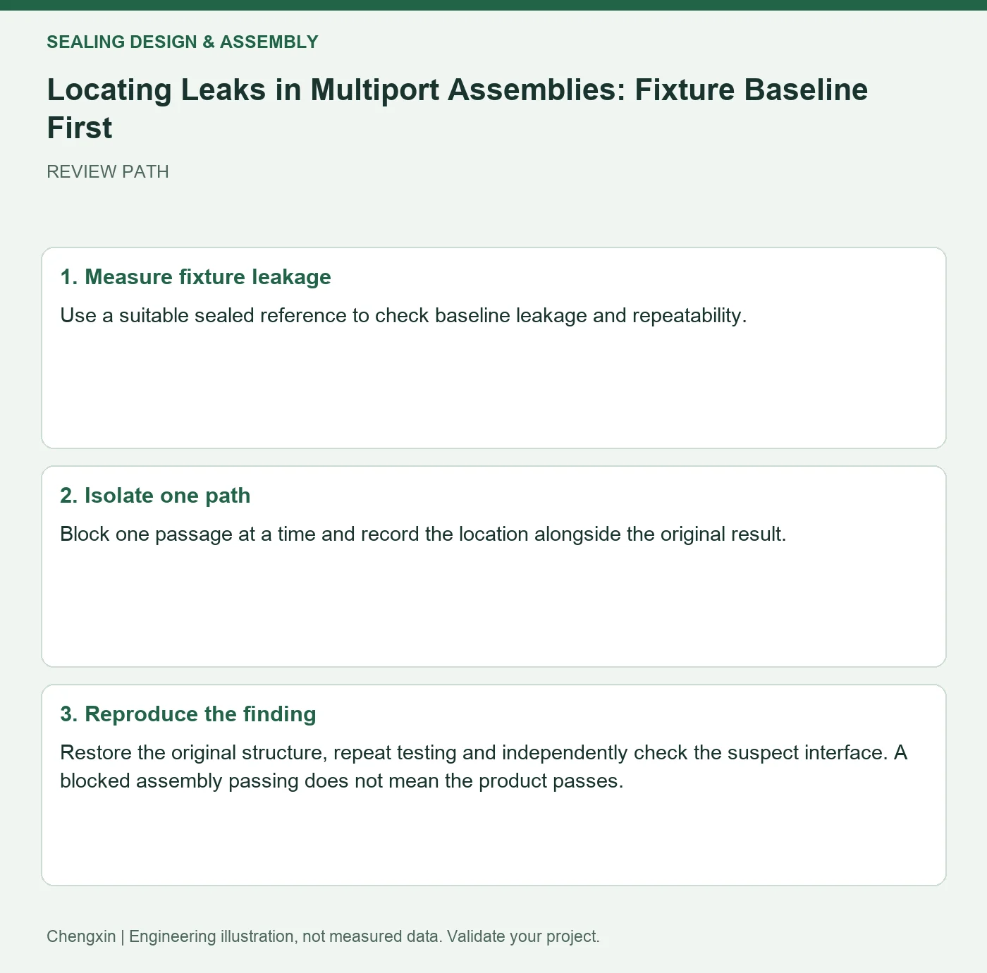 Locating Leaks in Multiport Assemblies: Fixture Baseline First — three-step review diagram