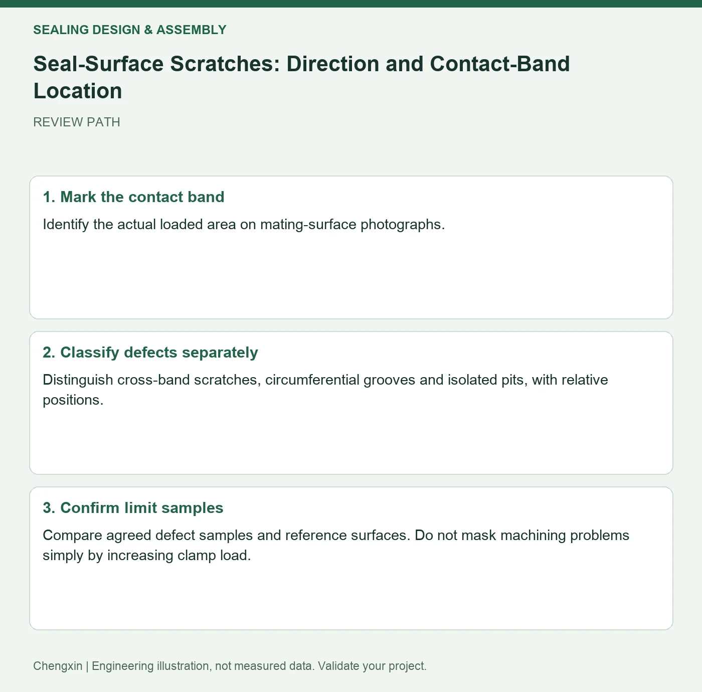 Seal-Surface Scratches: Direction and Contact-Band Location — three-step review diagram