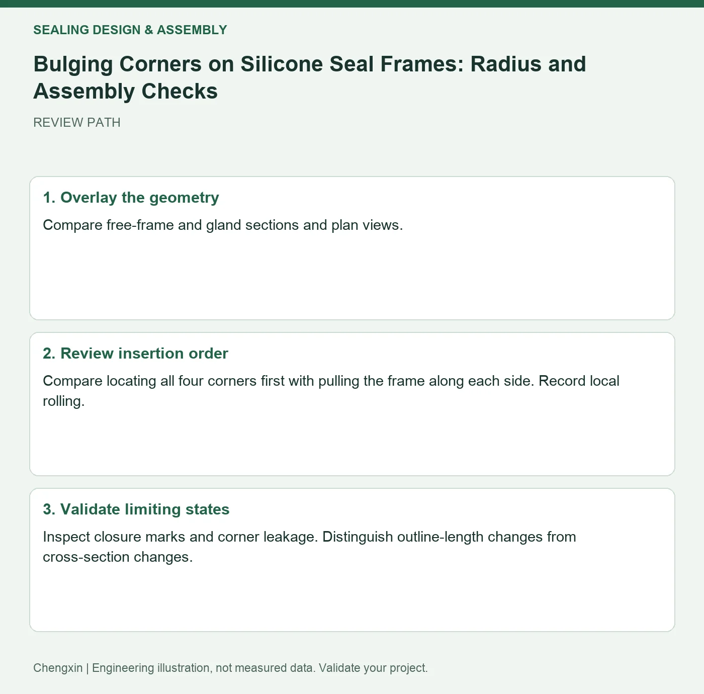 Bulging Corners on Silicone Seal Frames: Radius and Assembly Checks — three-step review diagram