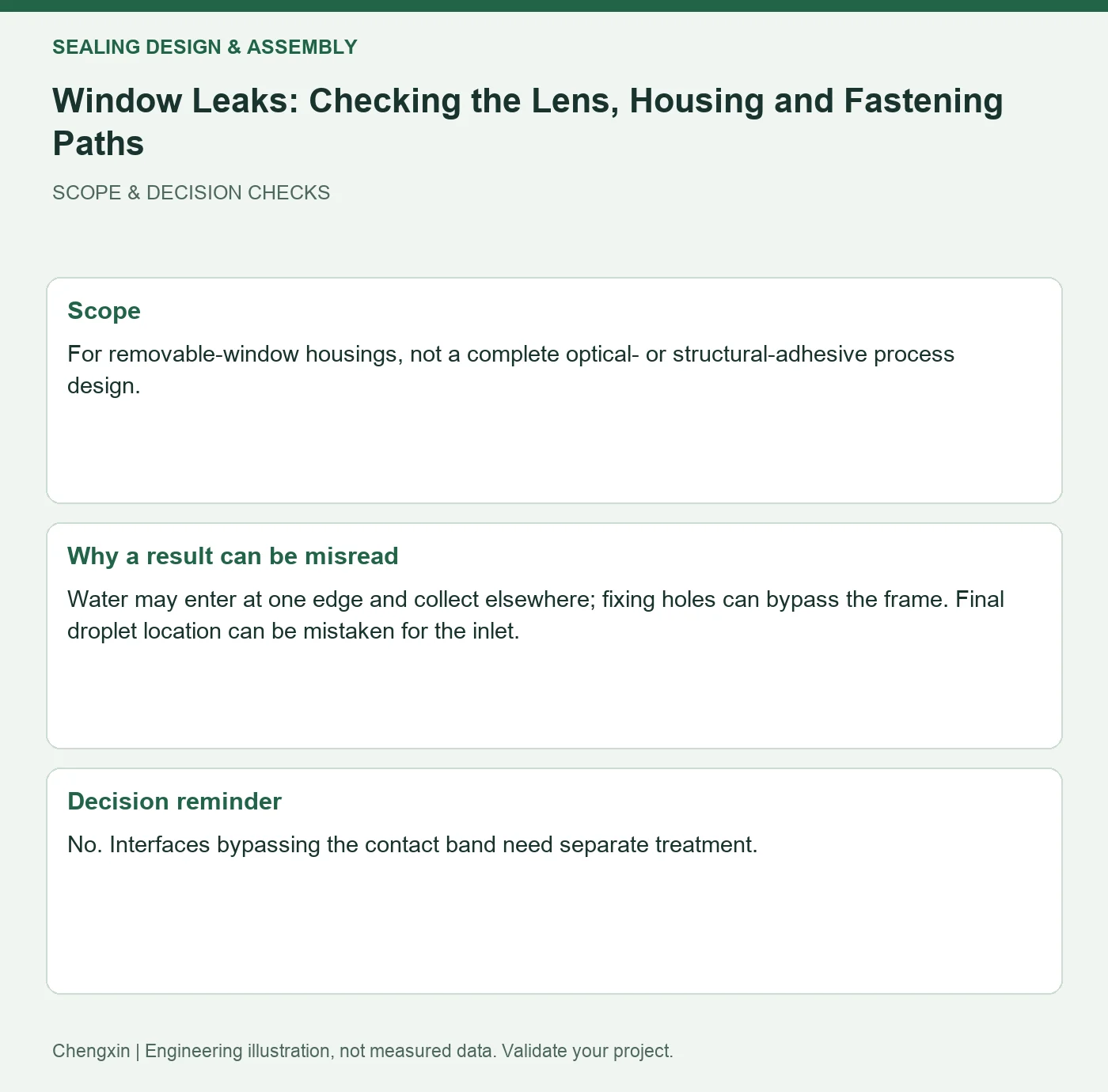 Window Leaks: Checking the Lens, Housing and Fastening Paths — scope and decision reminders