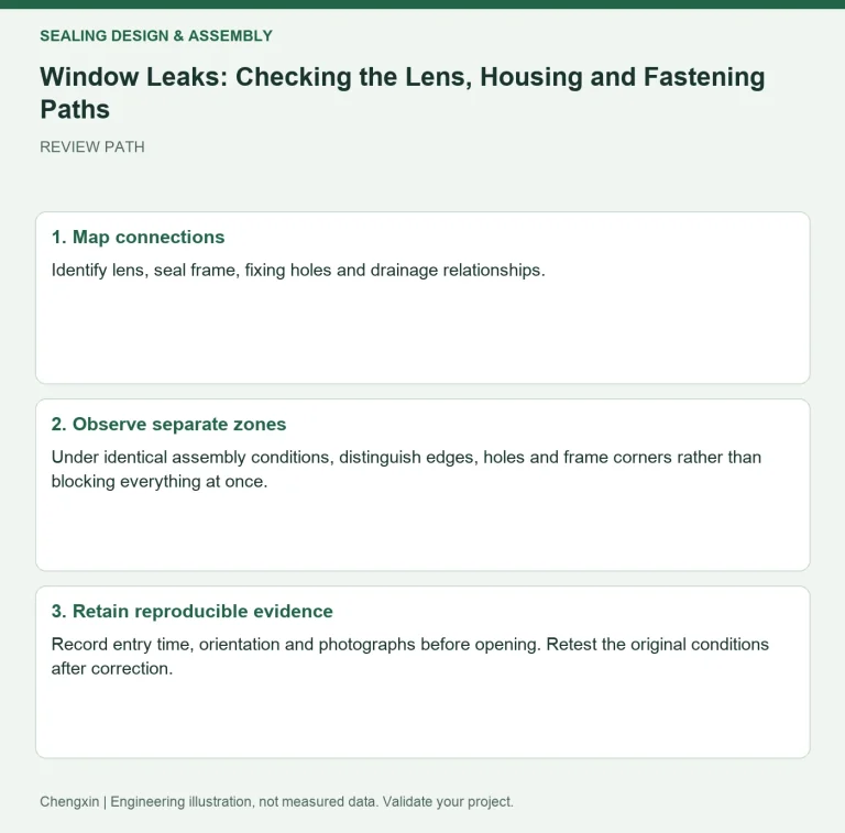 Window Leaks: Checking the Lens, Housing and Fastening Paths — review diagram