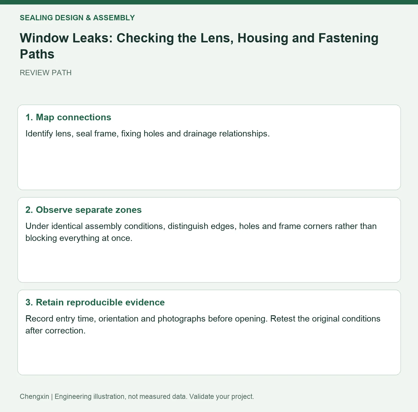 Window Leaks: Checking the Lens, Housing and Fastening Paths — three-step review diagram