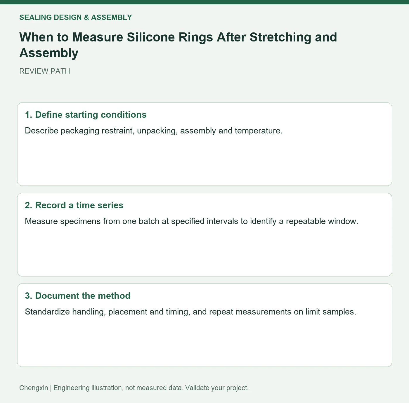 When to Measure Silicone Rings After Stretching and Assembly — three-step review diagram