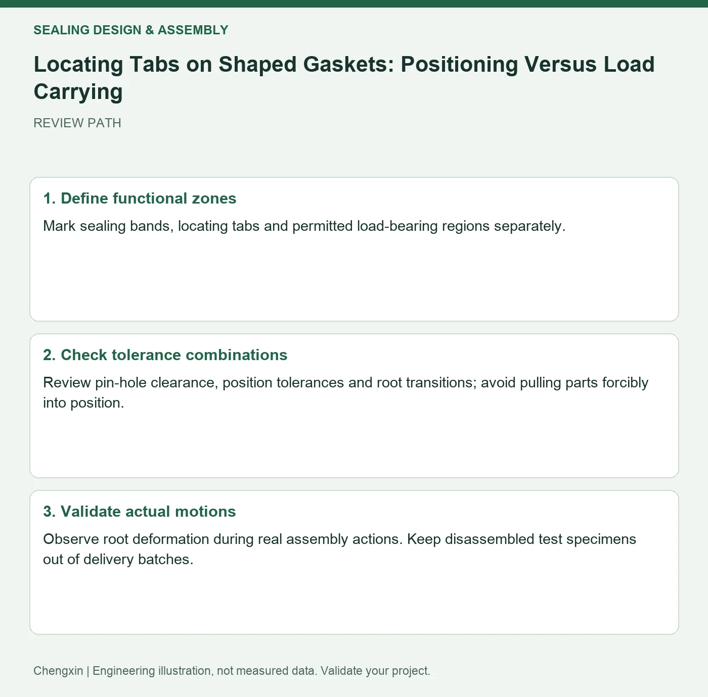 Locating Tabs on Shaped Gaskets: Positioning Versus Load Carrying — three-step review diagram