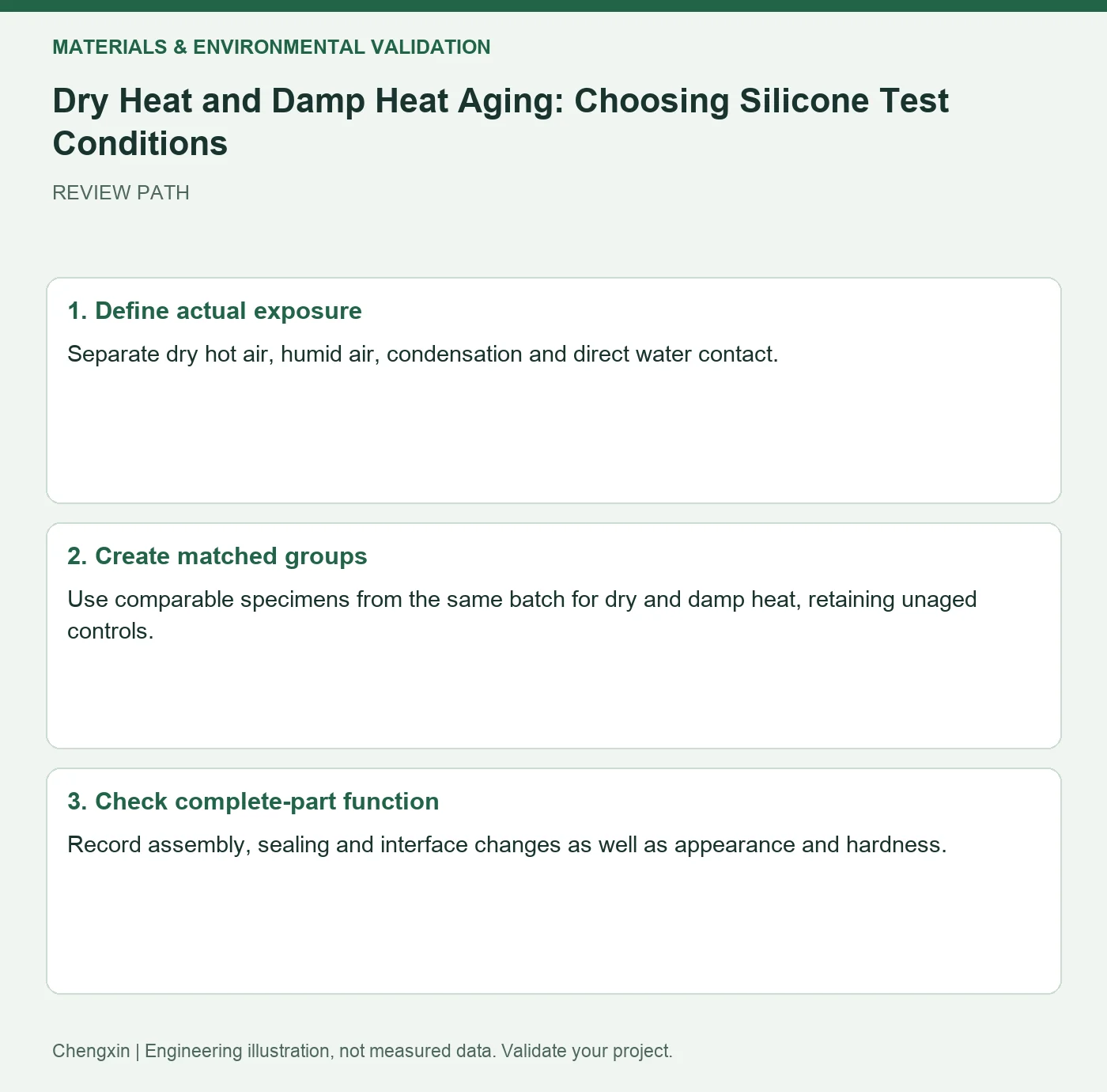 Dry Heat and Damp Heat Aging: Choosing Silicone Test Conditions — three-step review diagram