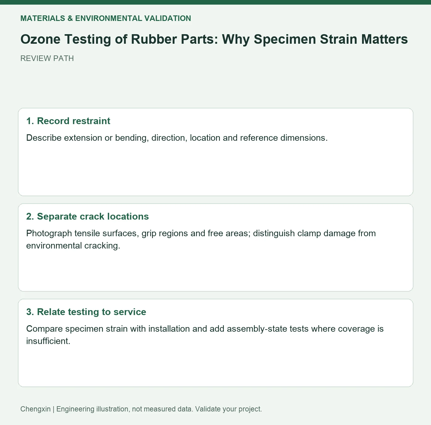 Ozone Testing of Rubber Parts: Why Specimen Strain Matters — three-step review diagram