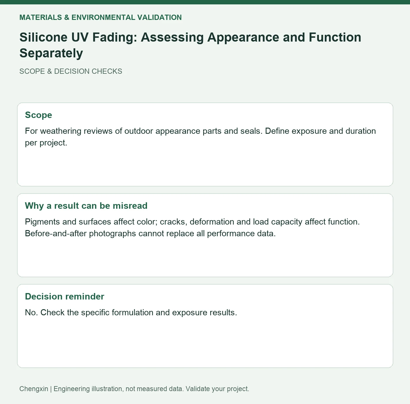 Silicone UV Fading: Assessing Appearance and Function Separately — scope and decision reminders