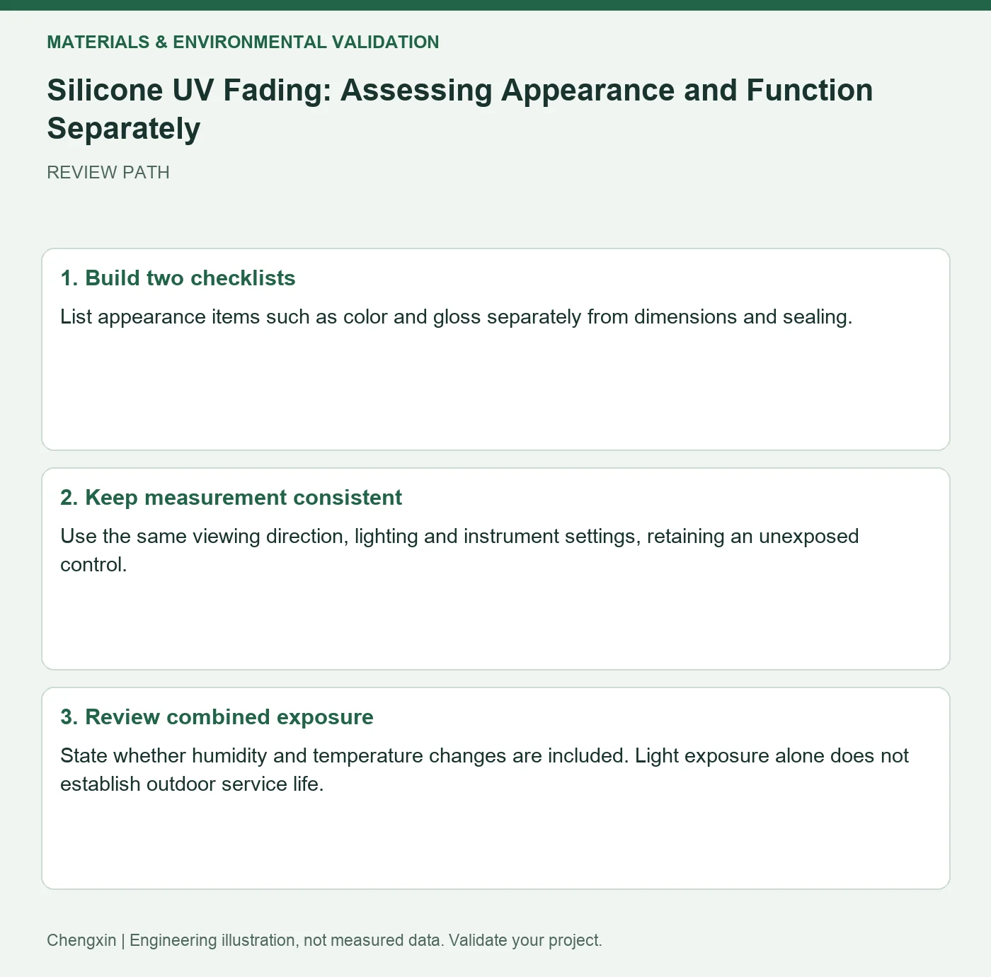 Silicone UV Fading: Assessing Appearance and Function Separately — three-step review diagram