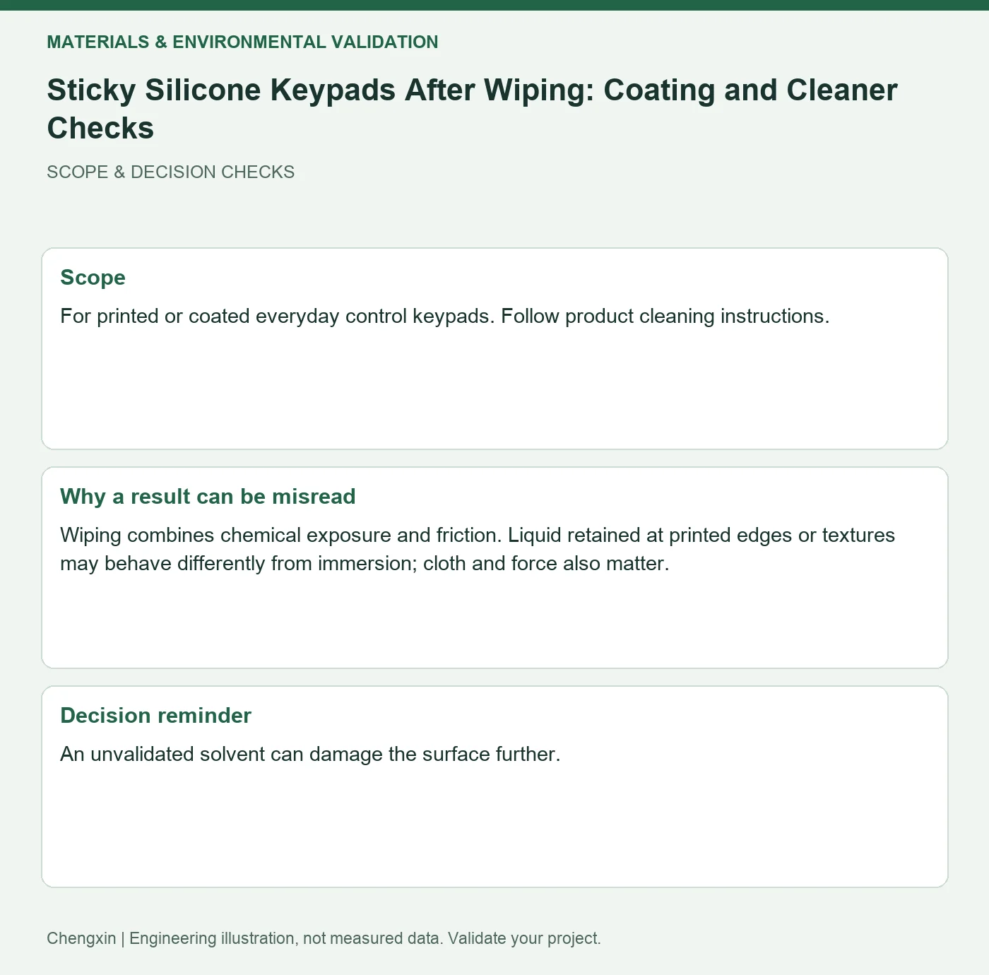 Sticky Silicone Keypads After Wiping: Coating and Cleaner Checks — scope and decision reminders
