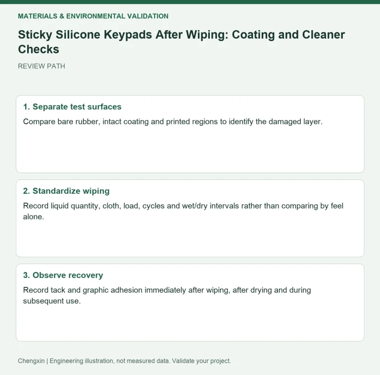 Sticky Silicone Keypads After Wiping: Coating and Cleaner Checks — review diagram