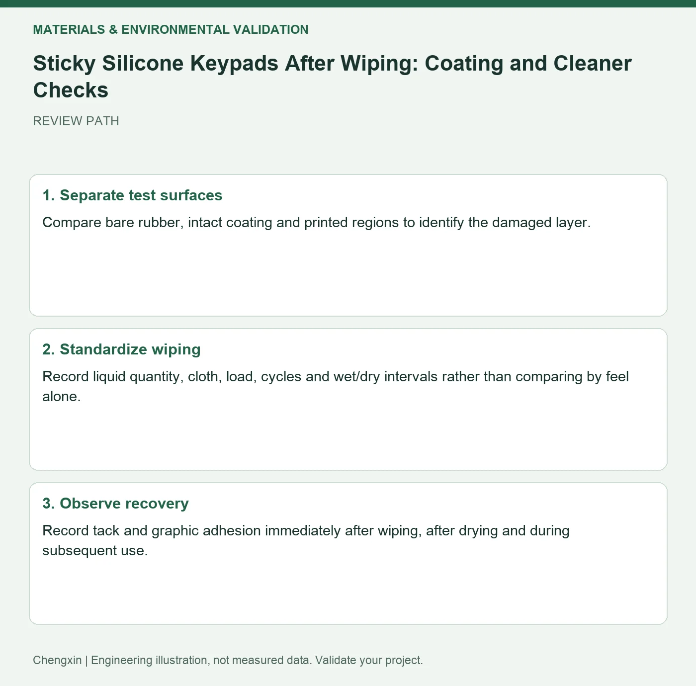 Sticky Silicone Keypads After Wiping: Coating and Cleaner Checks — three-step review diagram
