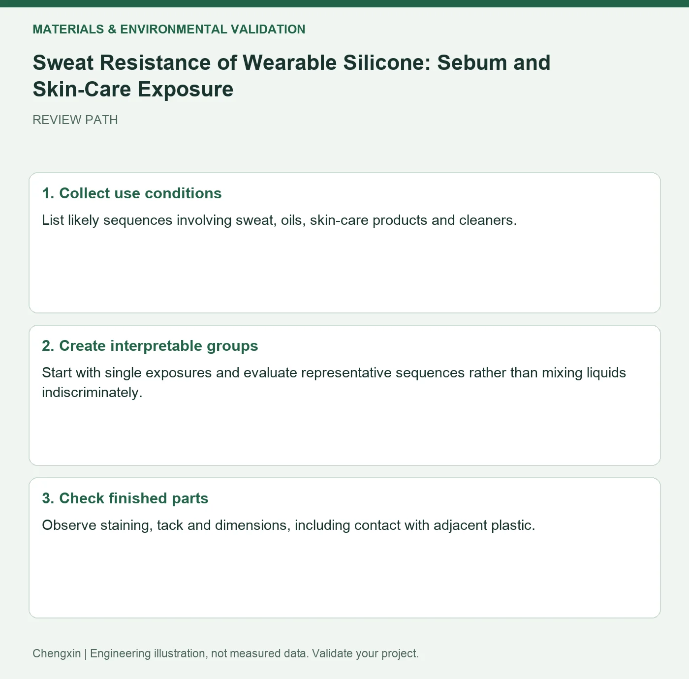 Sweat Resistance of Wearable Silicone: Sebum and Skin-Care Exposure — three-step review diagram