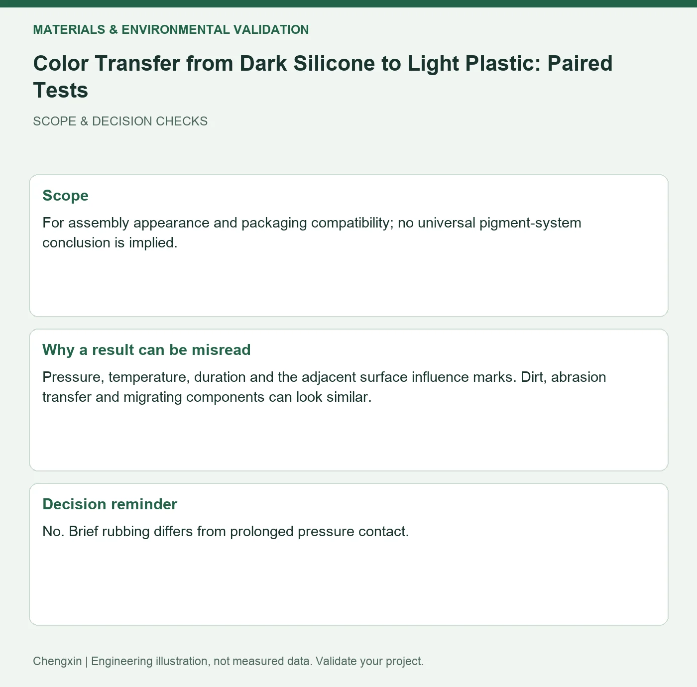Color Transfer from Dark Silicone to Light Plastic: Paired Tests — scope and decision reminders