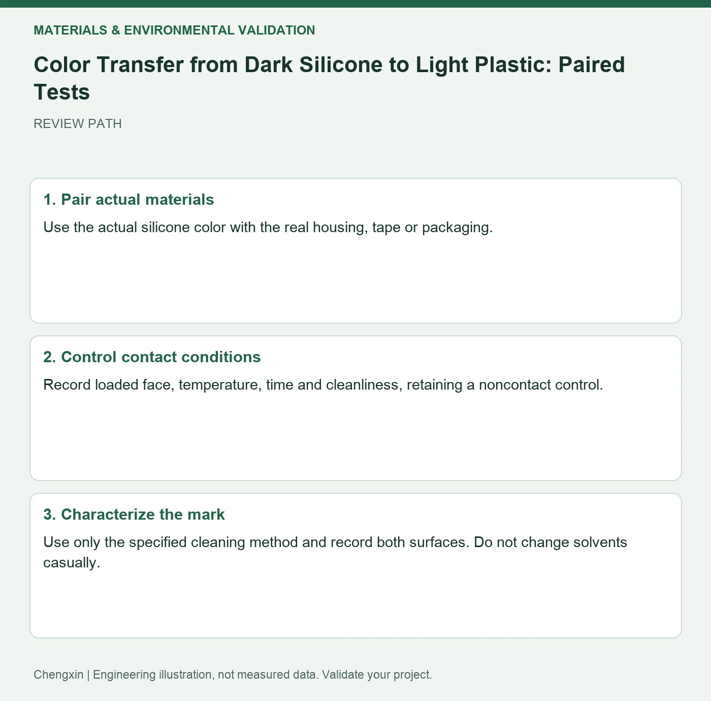 Color Transfer from Dark Silicone to Light Plastic: Paired Tests — three-step review diagram