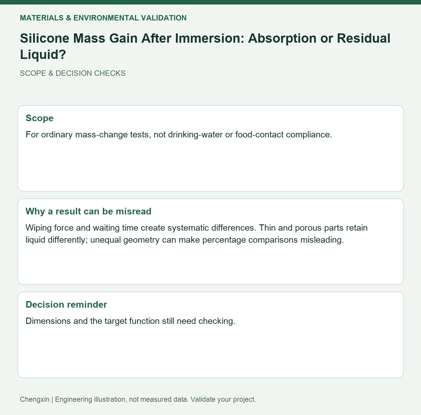 Silicone Mass Gain After Immersion: Absorption or Residual Liquid? — scope and decision reminders