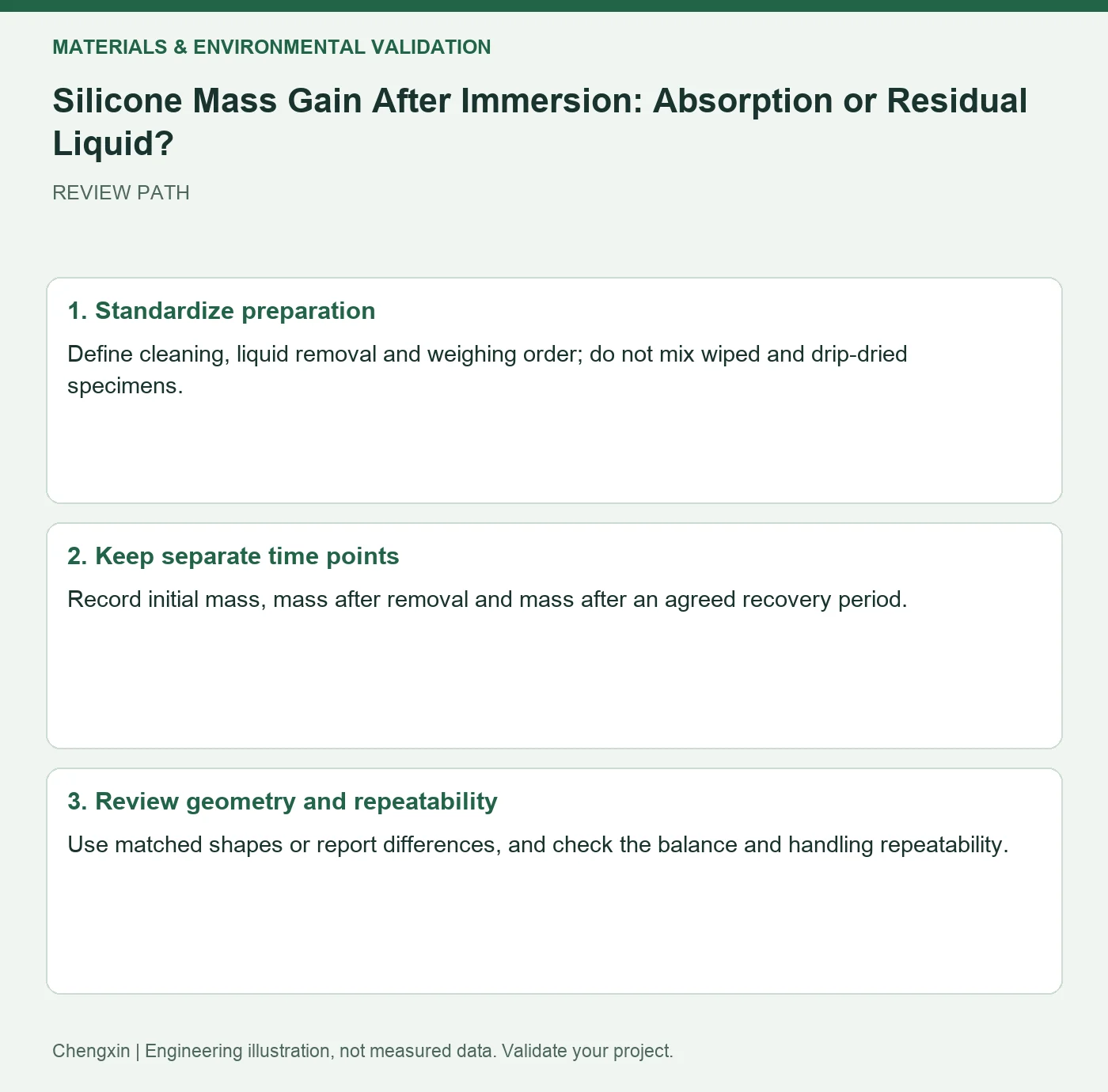Silicone Mass Gain After Immersion: Absorption or Residual Liquid? — three-step review diagram