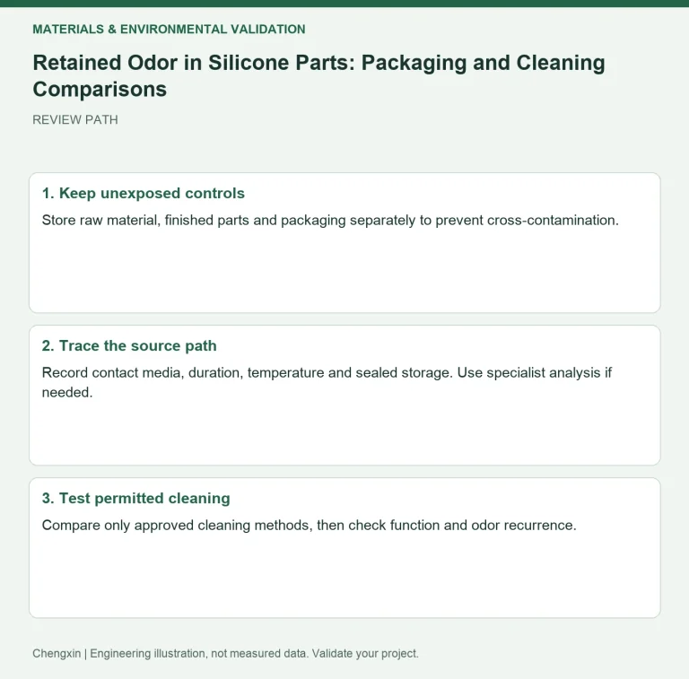 Retained Odor in Silicone Parts: Packaging and Cleaning Comparisons — review diagram