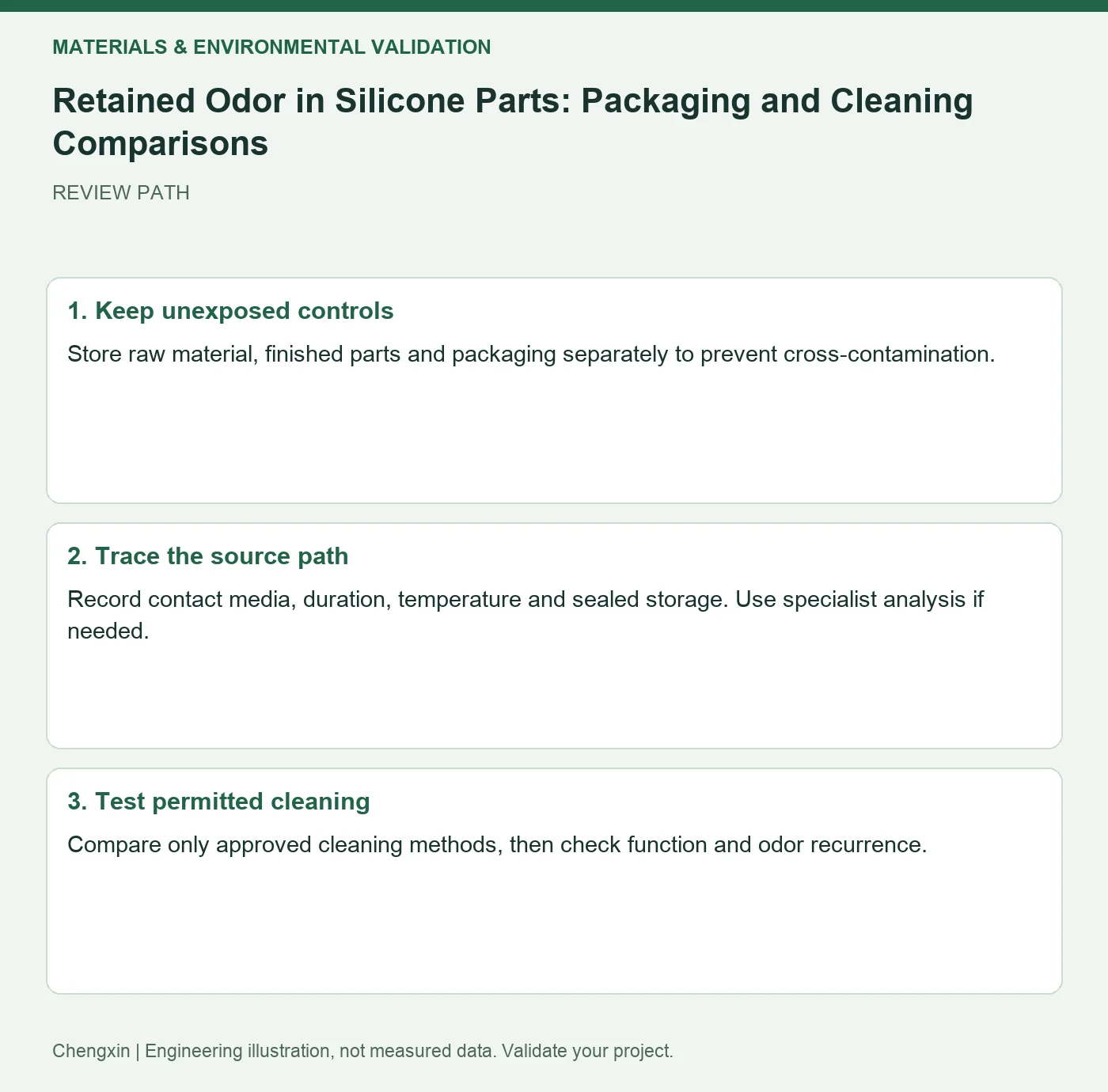 Retained Odor in Silicone Parts: Packaging and Cleaning Comparisons — three-step review diagram