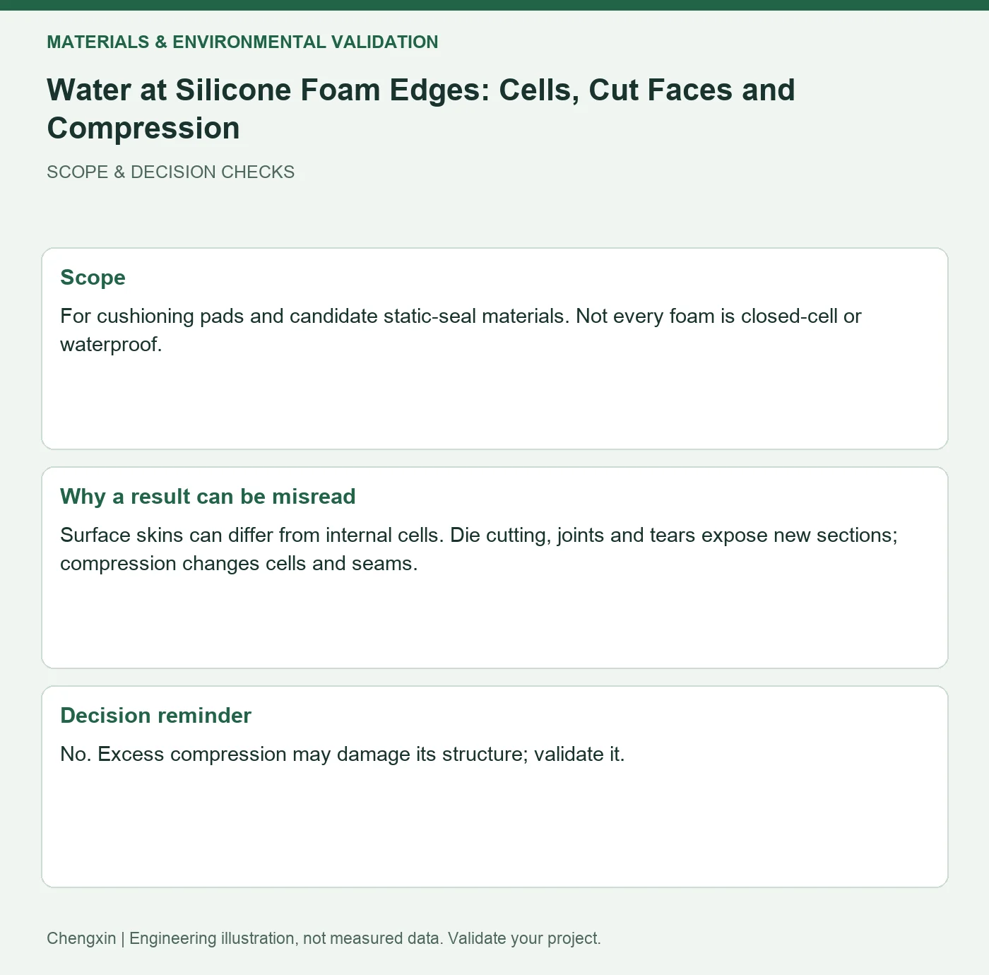 Water at Silicone Foam Edges: Cells, Cut Faces and Compression — scope and decision reminders