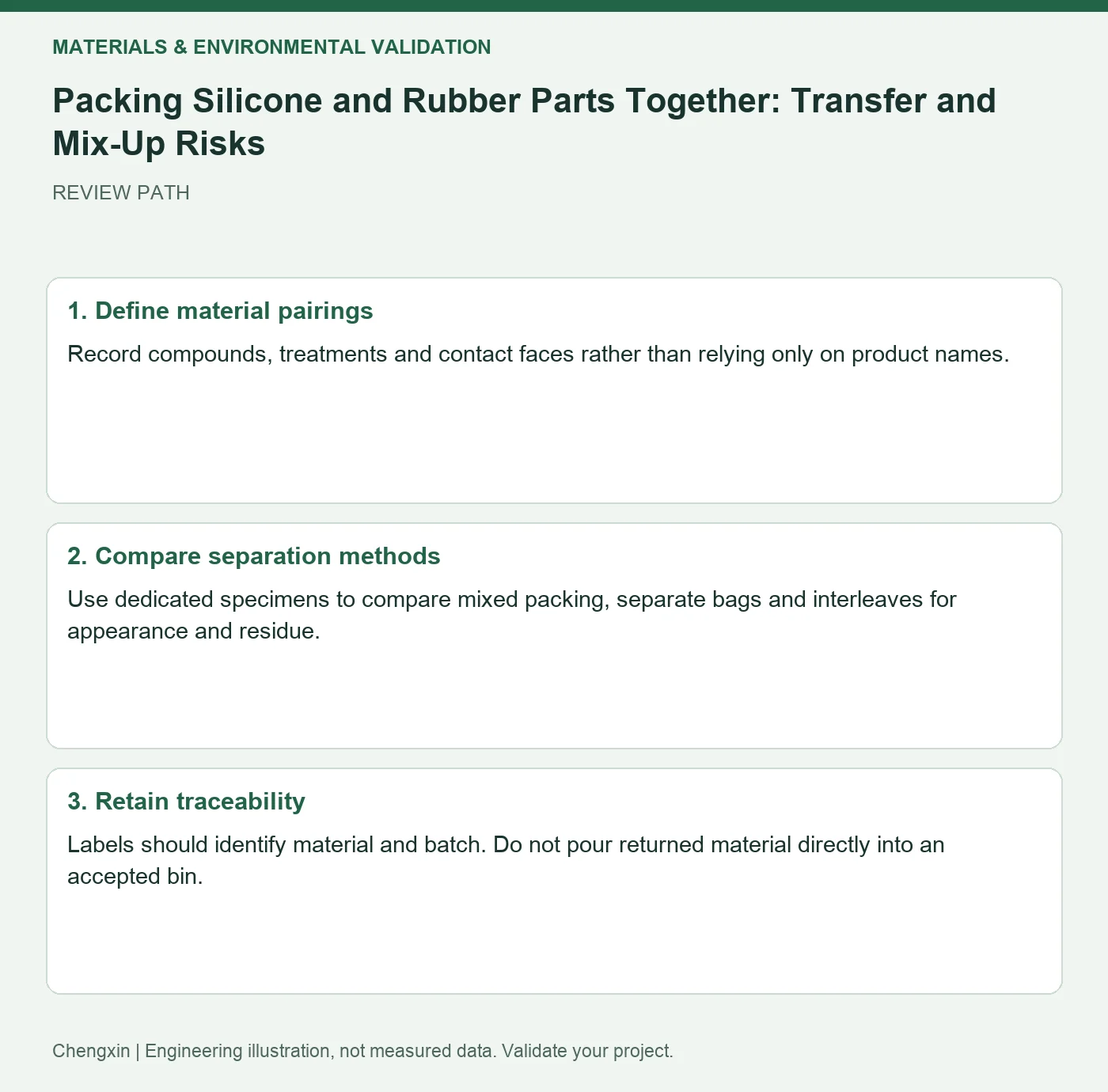 Packing Silicone and Rubber Parts Together: Transfer and Mix-Up Risks — three-step review diagram
