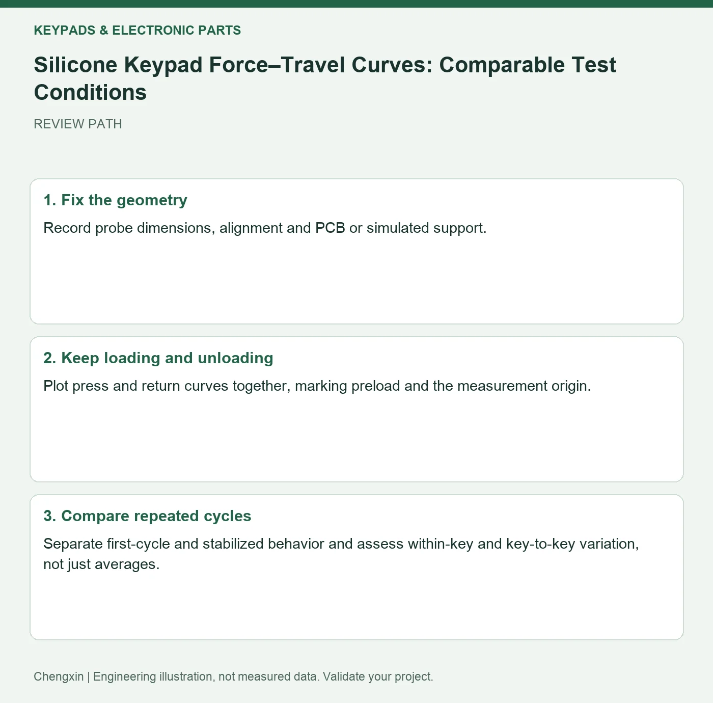 Silicone Keypad Force–Travel Curves: Comparable Test Conditions — three-step review diagram