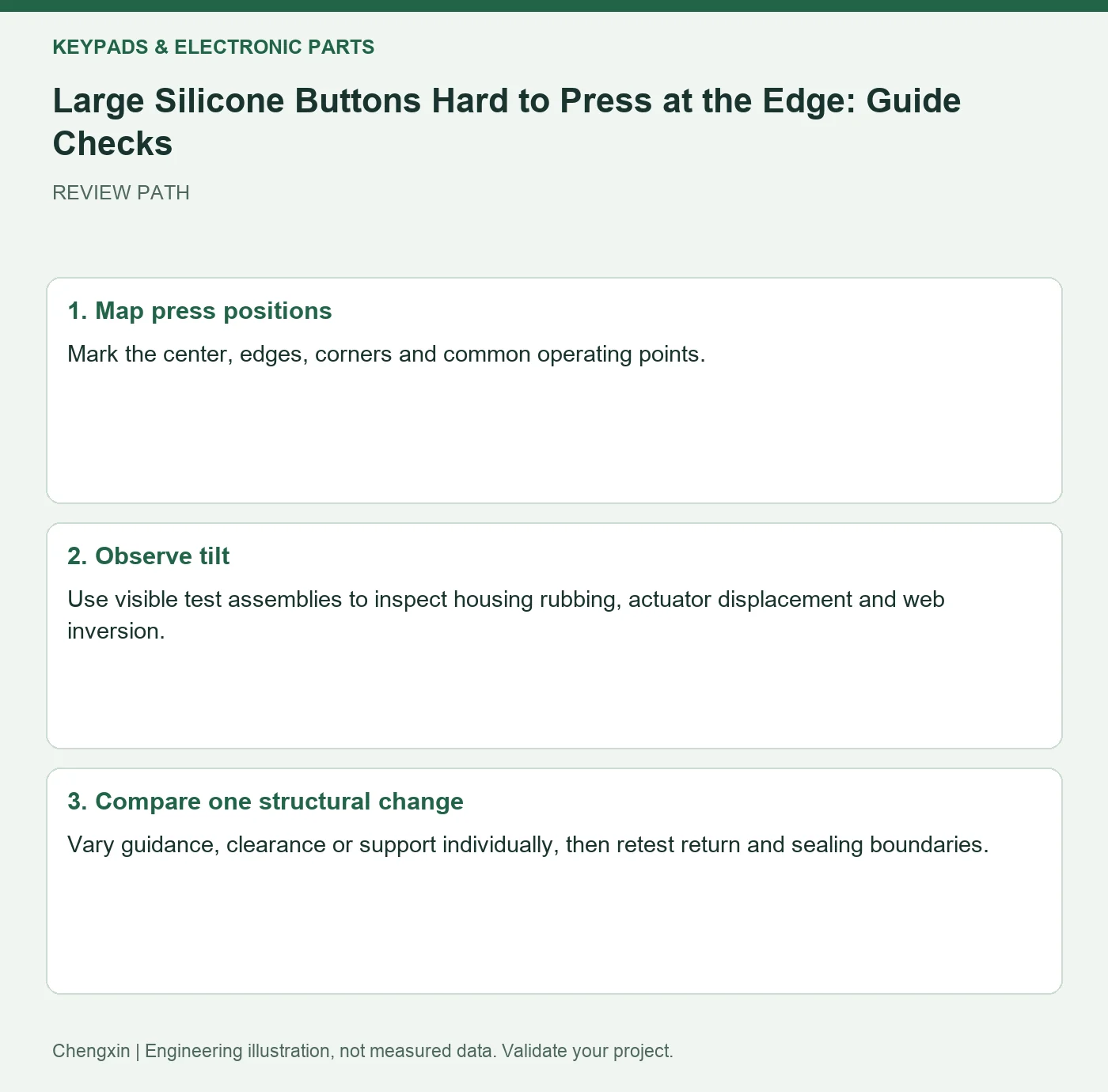 Large Silicone Buttons Hard to Press at the Edge: Guide Checks — three-step review diagram