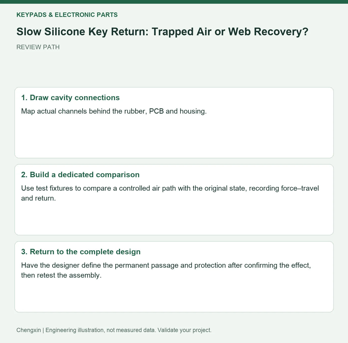 Slow Silicone Key Return: Trapped Air or Web Recovery? — three-step review diagram