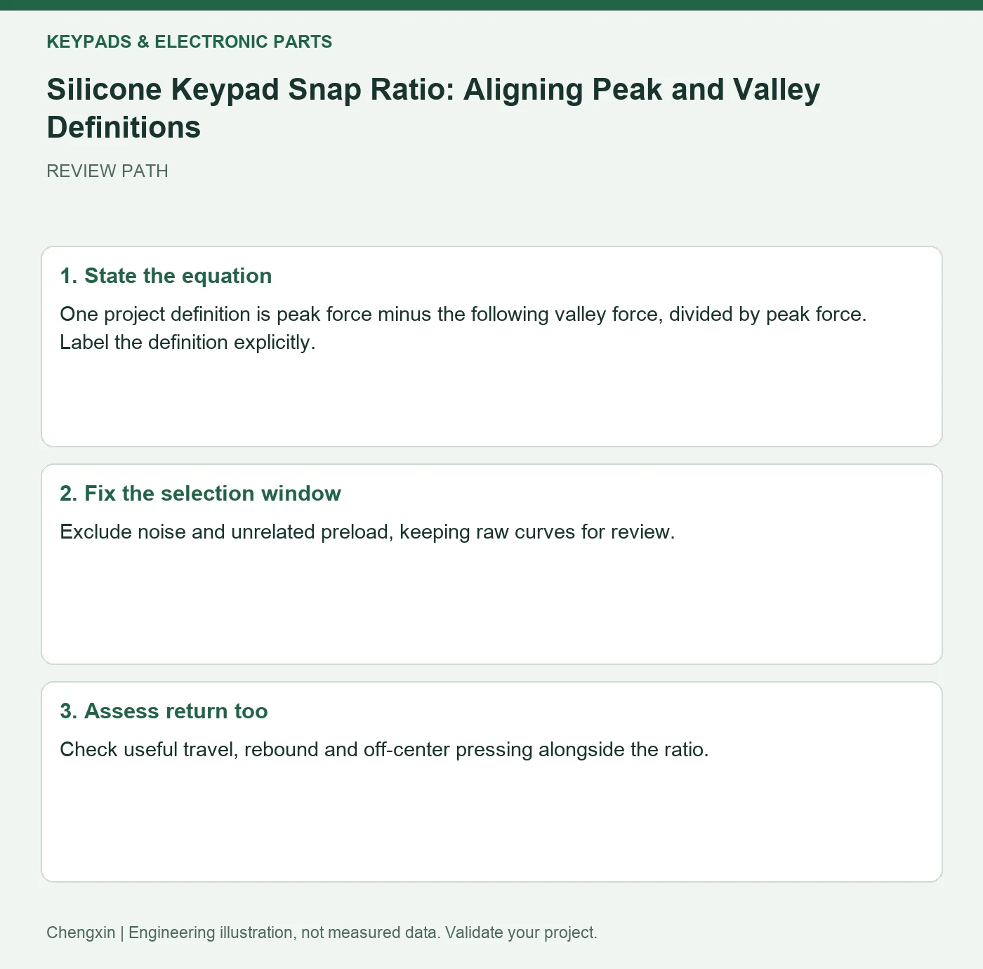 Silicone Keypad Snap Ratio: Aligning Peak and Valley Definitions — three-step review diagram
