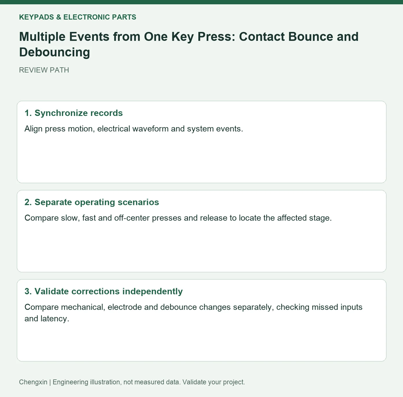 Multiple Events from One Key Press: Contact Bounce and Debouncing — three-step review diagram