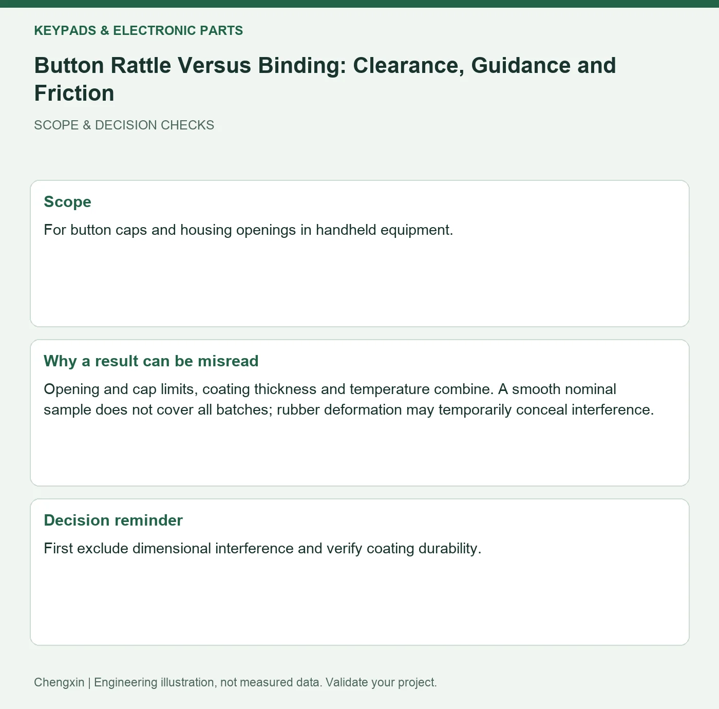 Button Rattle Versus Binding: Clearance, Guidance and Friction — scope and decision reminders