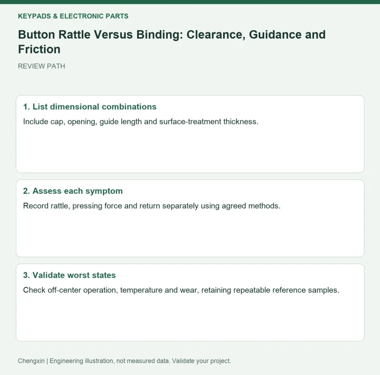 Button Rattle Versus Binding: Clearance, Guidance and Friction — review diagram