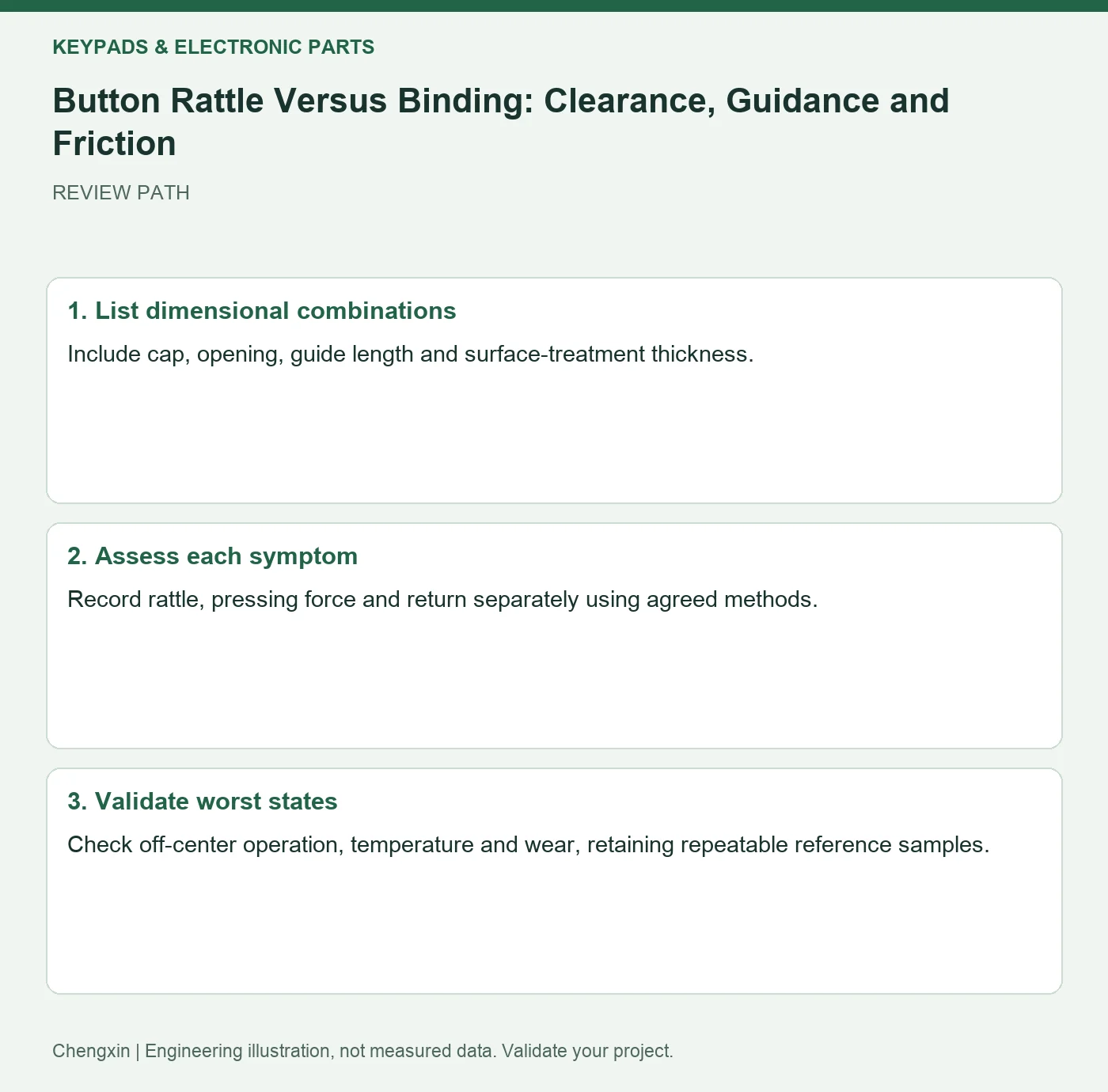 Button Rattle Versus Binding: Clearance, Guidance and Friction — three-step review diagram