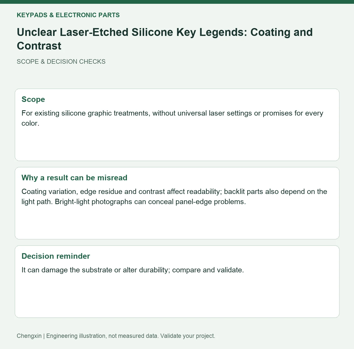 Unclear Laser-Etched Silicone Key Legends: Coating and Contrast — scope and decision reminders