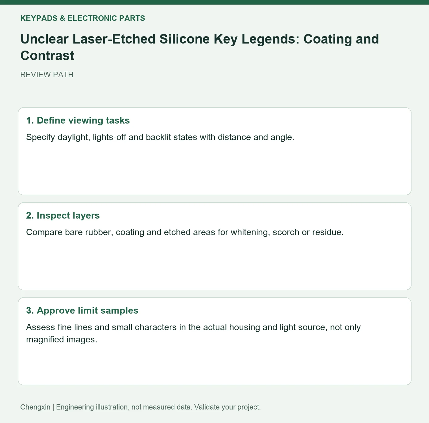 Unclear Laser-Etched Silicone Key Legends: Coating and Contrast — three-step review diagram