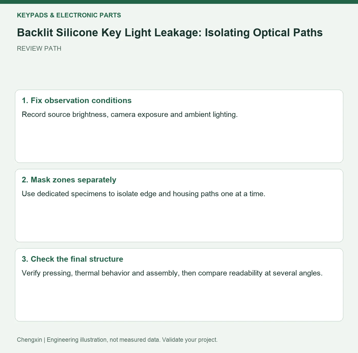 Backlit Silicone Key Light Leakage: Isolating Optical Paths — three-step review diagram