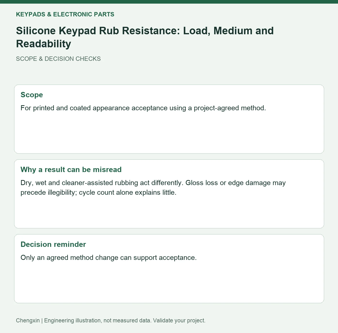 Silicone Keypad Rub Resistance: Load, Medium and Readability — scope and decision reminders