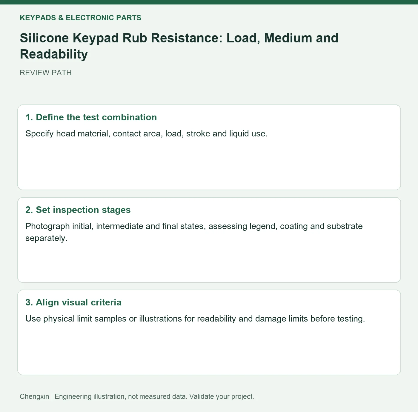 Silicone Keypad Rub Resistance: Load, Medium and Readability — three-step review diagram
