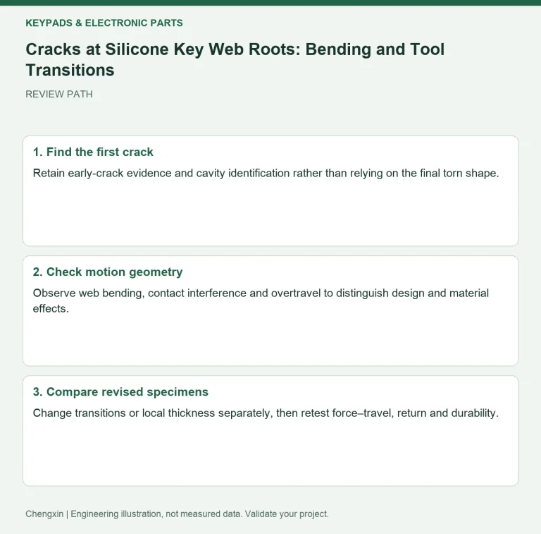 Cracks at Silicone Key Web Roots: Bending and Tool Transitions — review diagram
