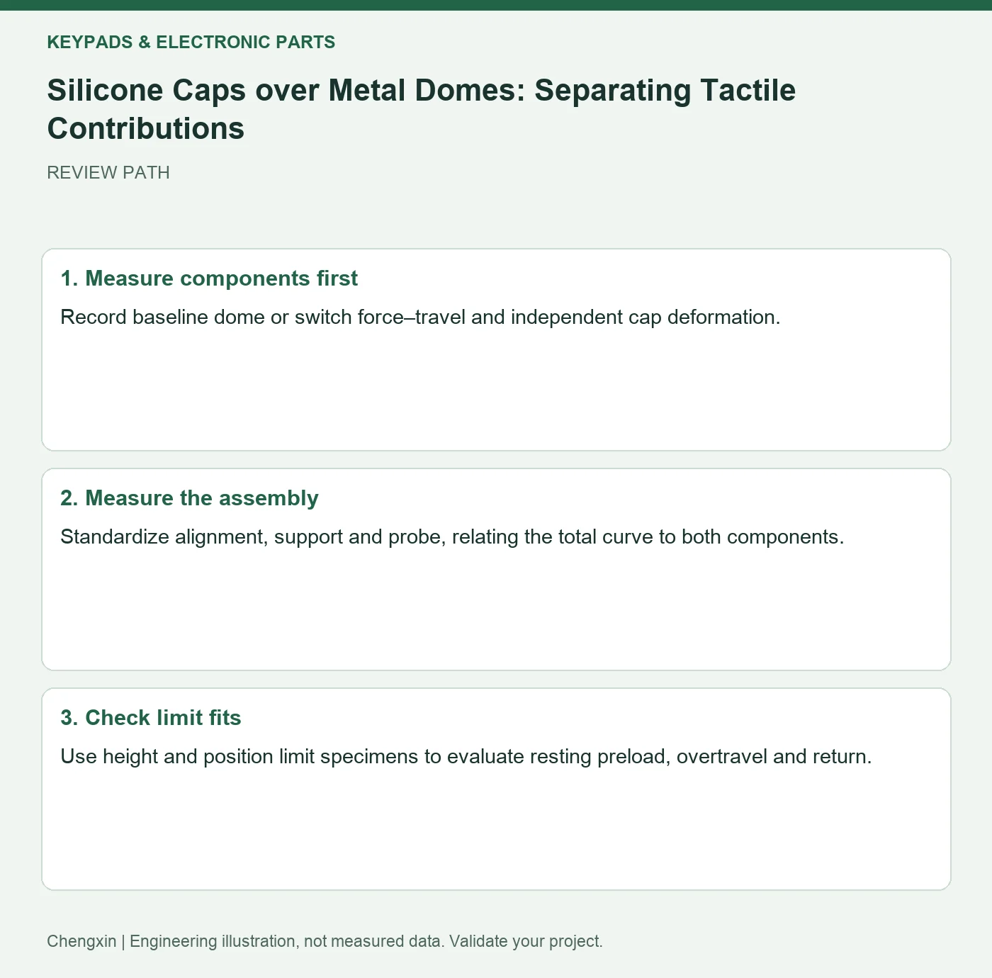 Silicone Caps over Metal Domes: Separating Tactile Contributions — three-step review diagram