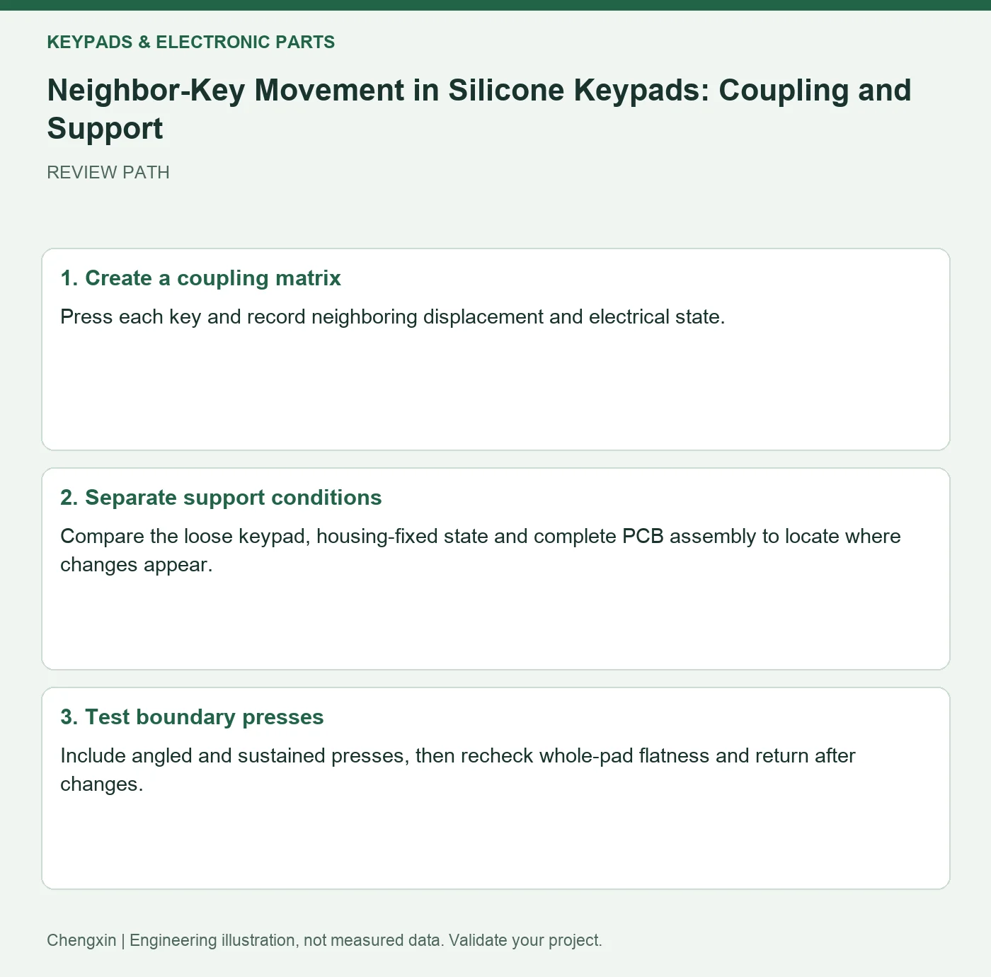 Neighbor-Key Movement in Silicone Keypads: Coupling and Support — three-step review diagram