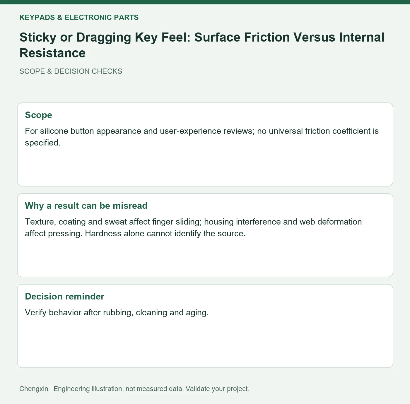 Sticky or Dragging Key Feel: Surface Friction Versus Internal Resistance — scope and decision reminders