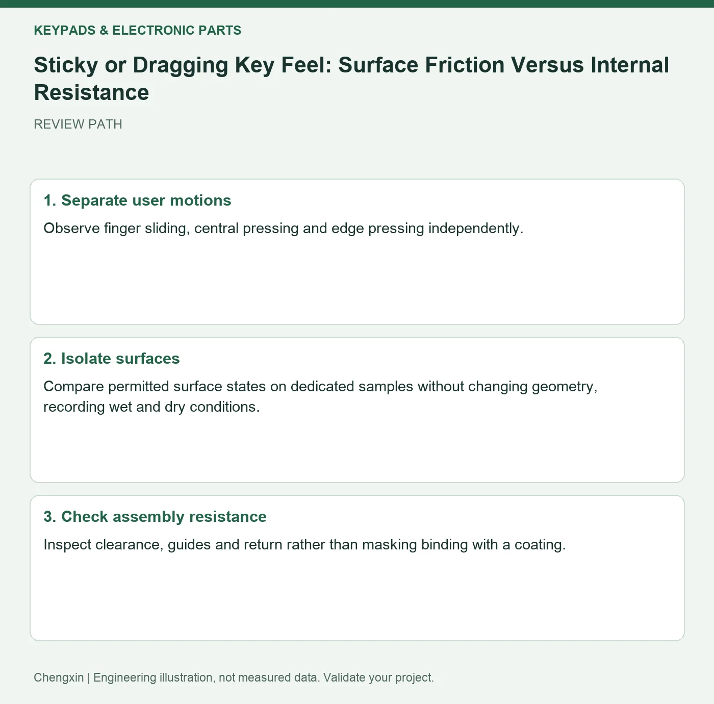 Sticky or Dragging Key Feel: Surface Friction Versus Internal Resistance — three-step review diagram