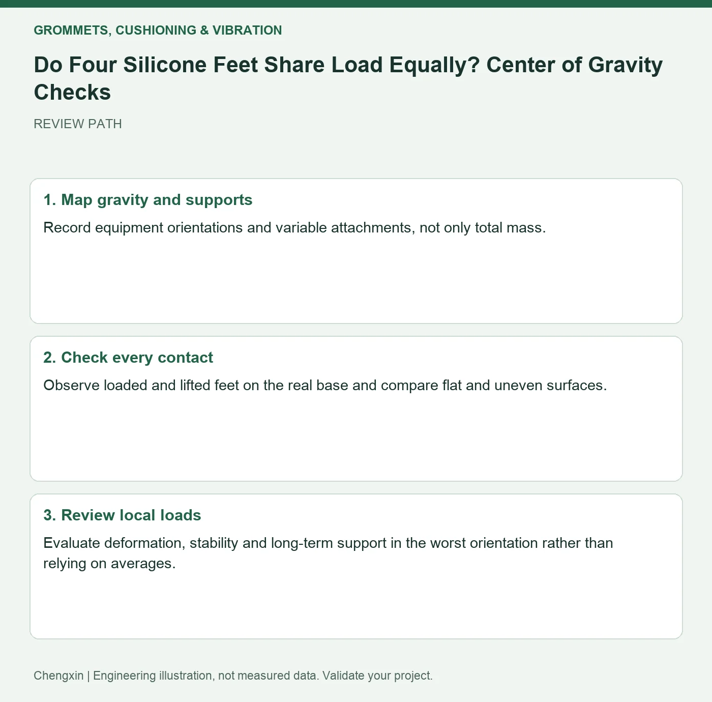 Do Four Silicone Feet Share Load Equally? Center of Gravity Checks — three-step review diagram