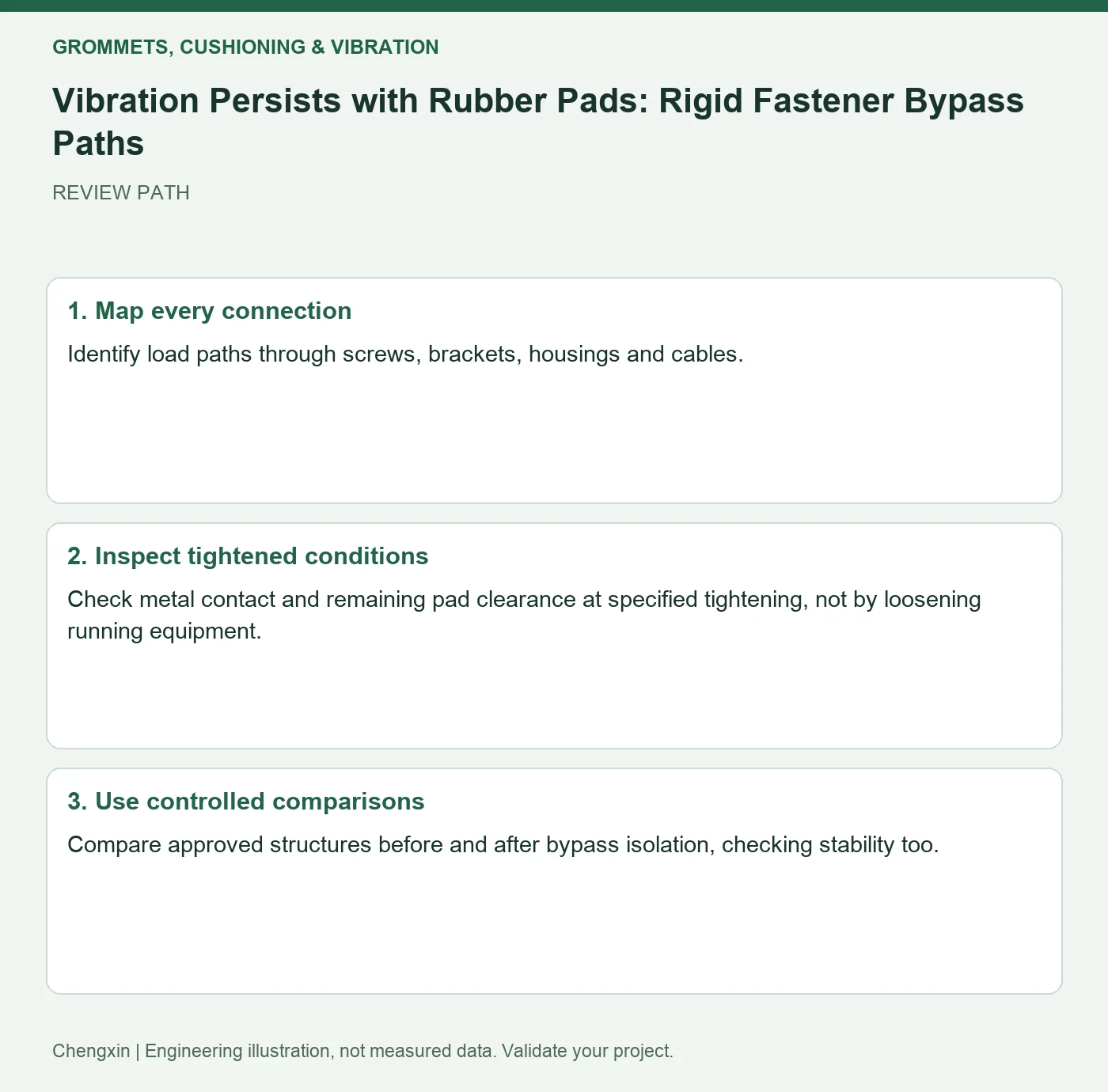 Vibration Persists with Rubber Pads: Rigid Fastener Bypass Paths — three-step review diagram