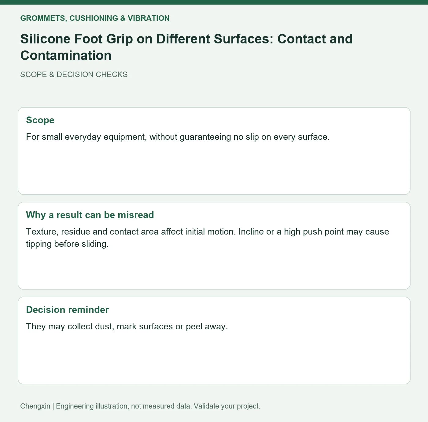 Silicone Foot Grip on Different Surfaces: Contact and Contamination — scope and decision reminders
