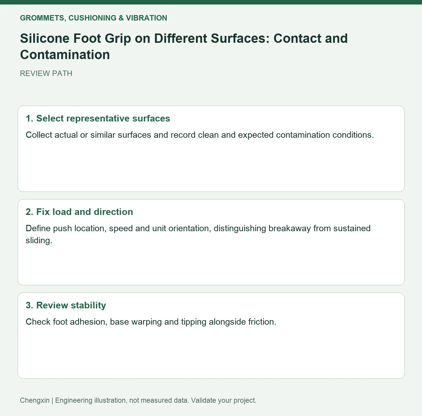 Silicone Foot Grip on Different Surfaces: Contact and Contamination — three-step review diagram