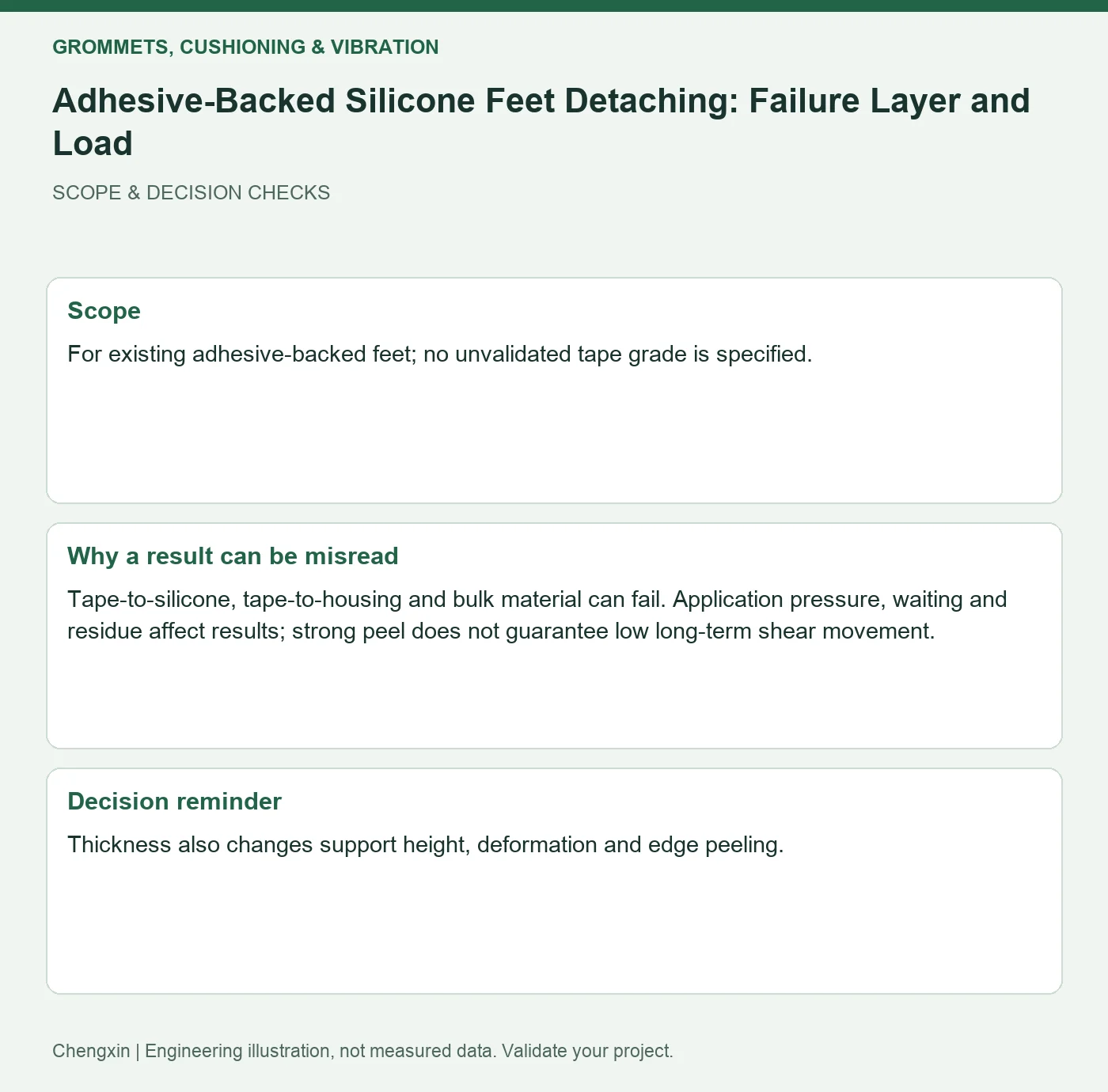 Adhesive-Backed Silicone Feet Detaching: Failure Layer and Load — scope and decision reminders