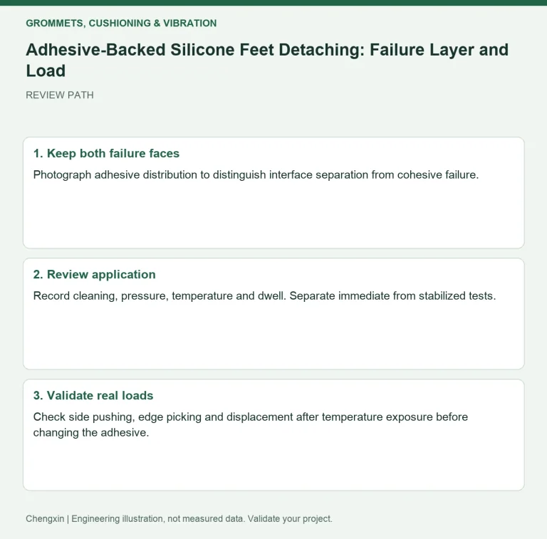 Adhesive-Backed Silicone Feet Detaching: Failure Layer and Load — review diagram