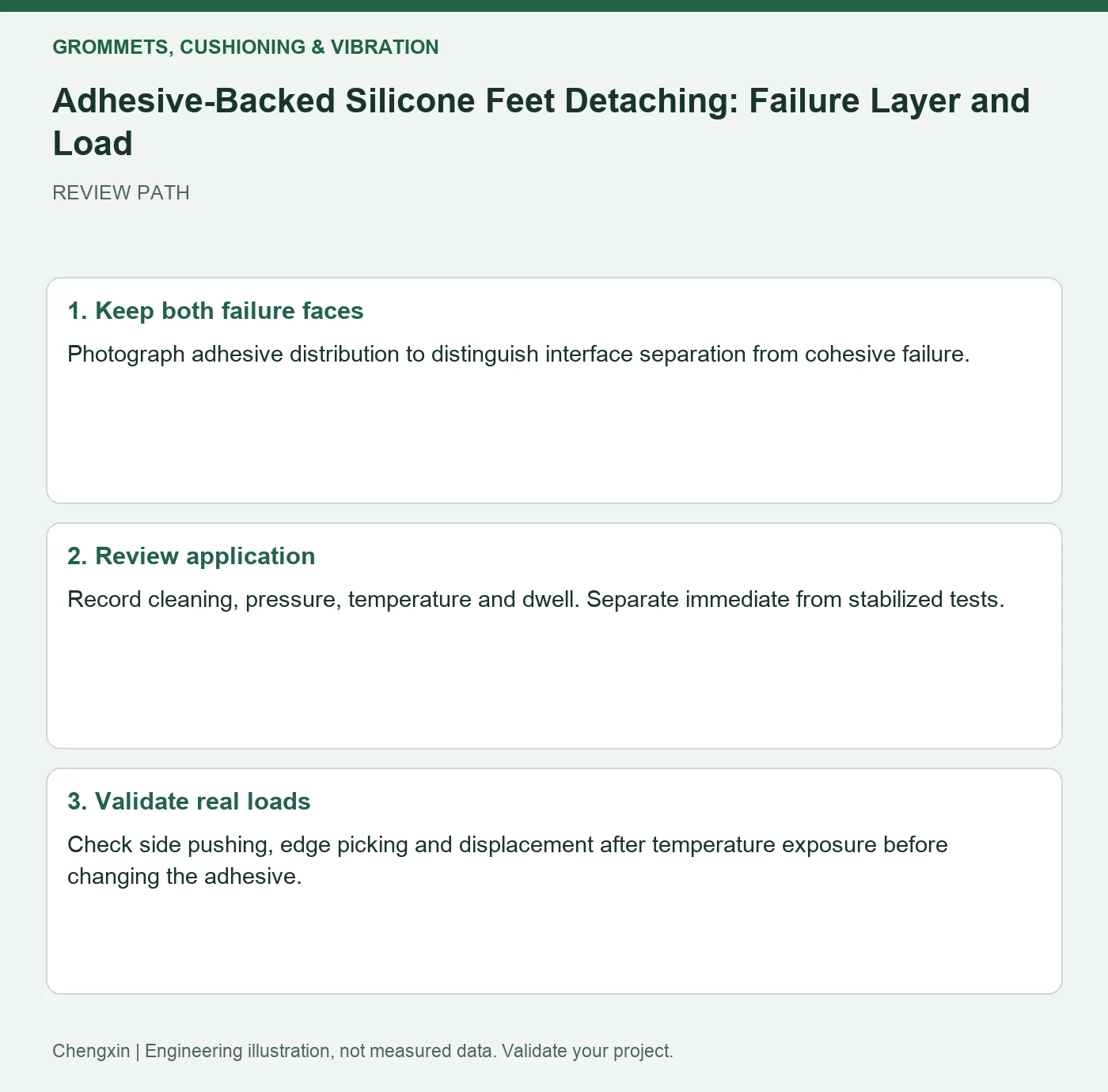 Adhesive-Backed Silicone Feet Detaching: Failure Layer and Load — three-step review diagram