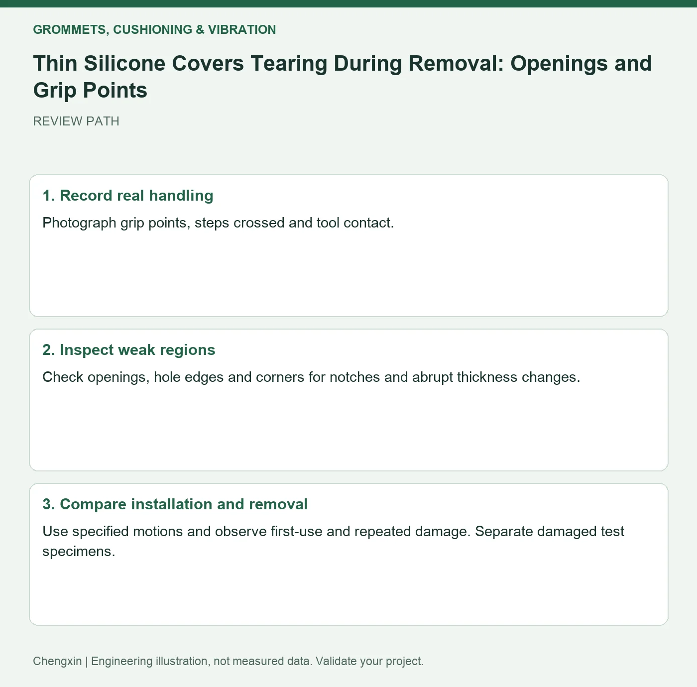 Thin Silicone Covers Tearing During Removal: Openings and Grip Points — three-step review diagram